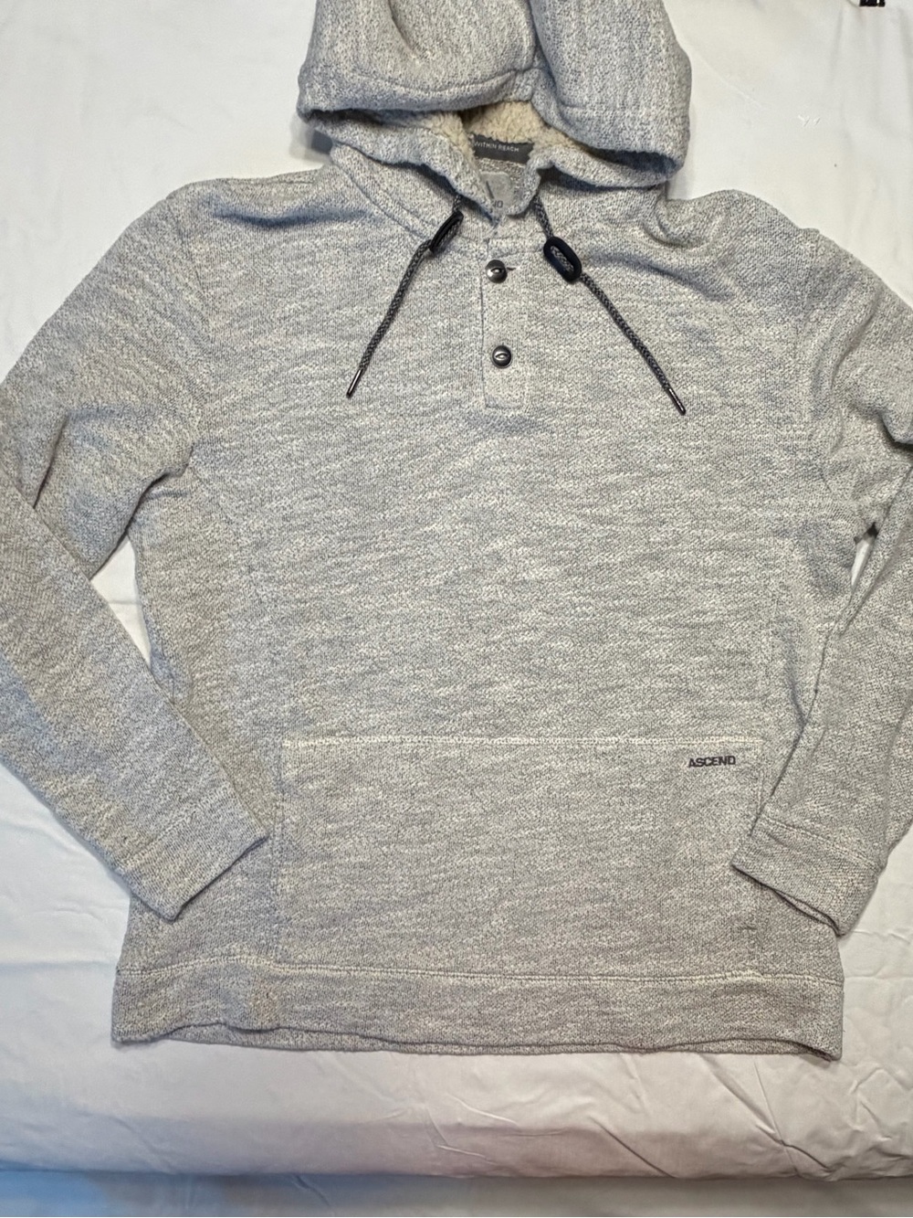 Ascend Light Gray Hooded Pullover with Button Placket and Kangaroo Pockets Large